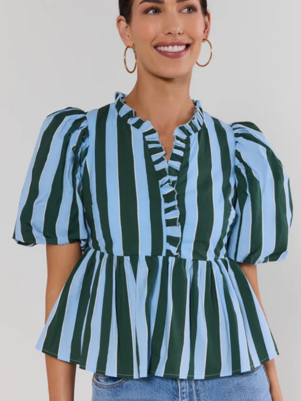Avara Blue Striped Ruffle Peplum Top